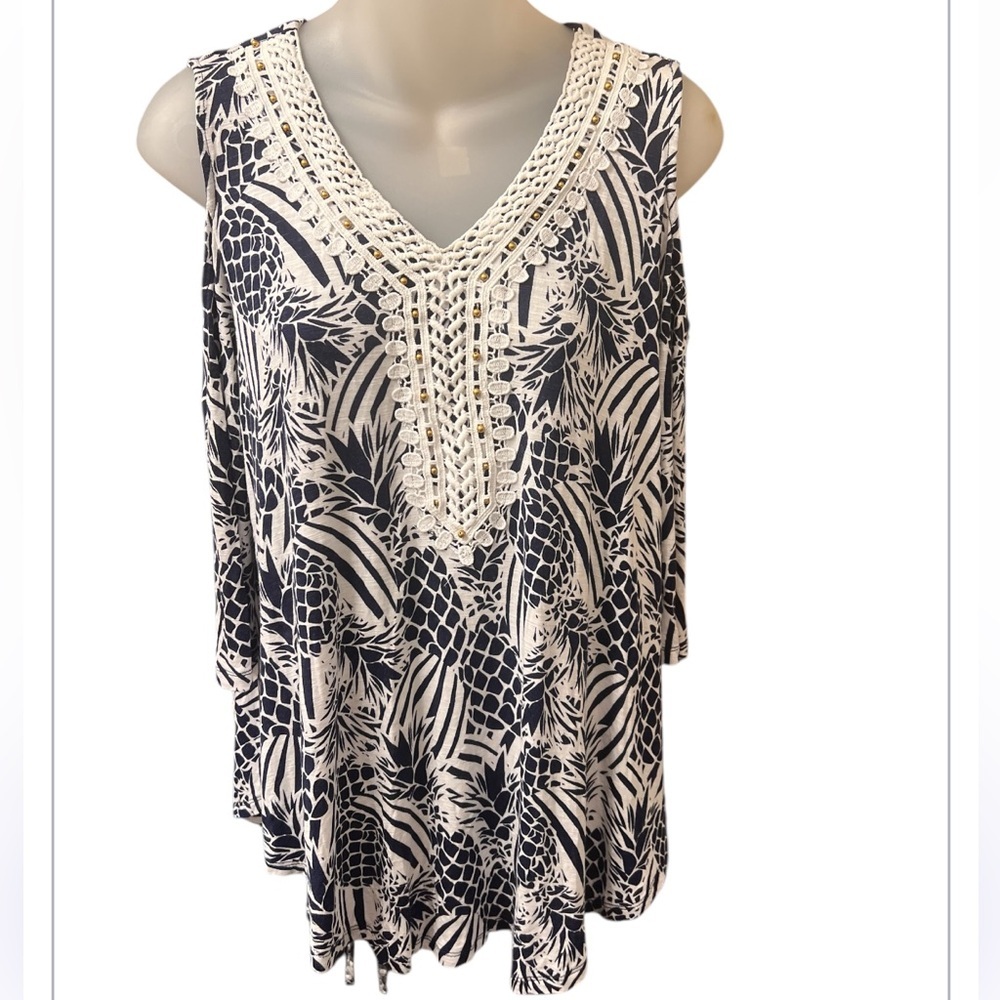 Ruby Rd blue and white crochet trim V-Neck Cold Shoulder Cutout Petite M…